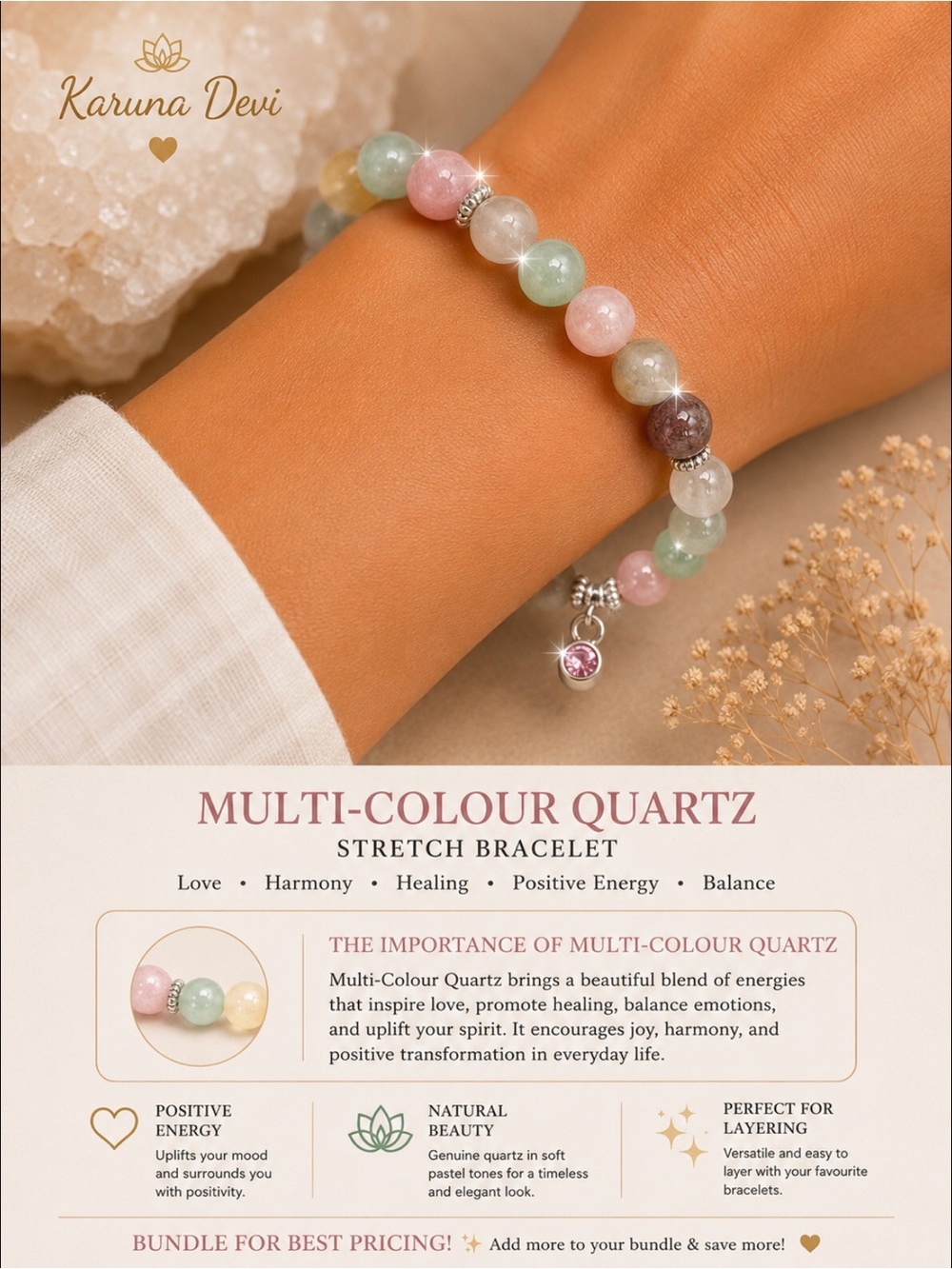 2 for $30 Quartz/Pastel, Genuine Stone Beaded Stretch Bracelet